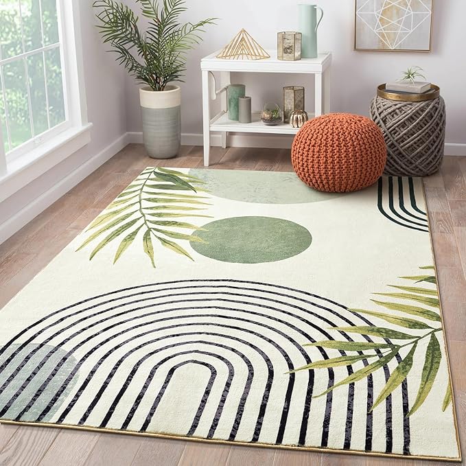 RoomTalks Mid Century Modern Washable Rug, Abstract Tropical Leaves Thin Shaggy by RoomTalks