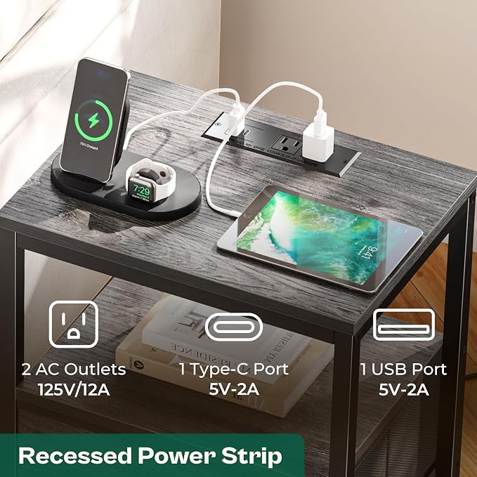 Huuger Nightstand with Charging Station, 27.6 Inch End Table Bedside Table with - Image 4