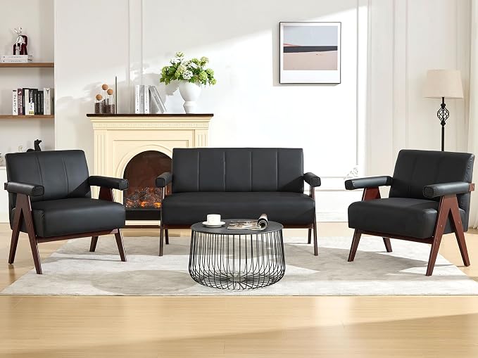 STHOUYN Black Leather Loveseat Sofa and Accent Chairs Set of 2, Mid-Century - Image 9