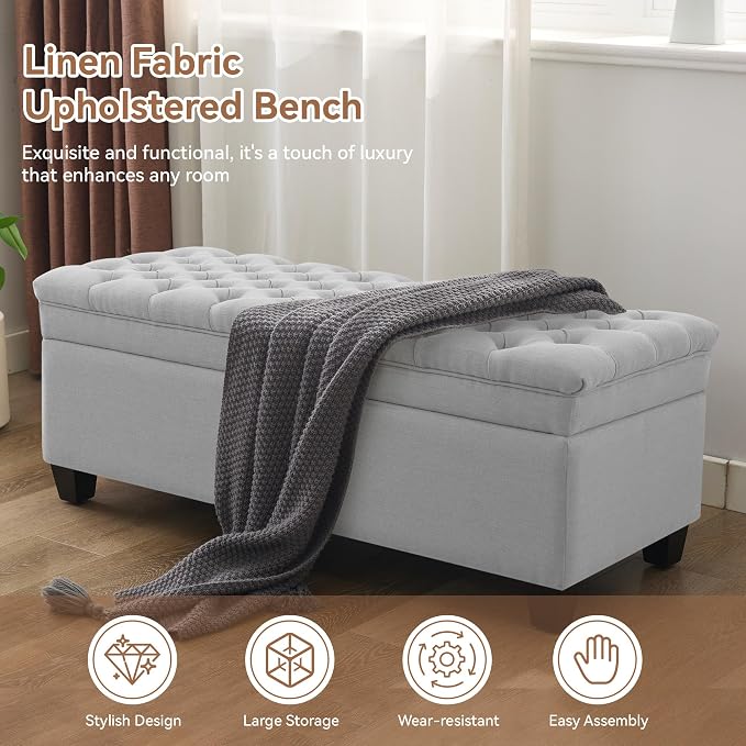 WUTUTUEE 51" Fabric Storage Ottoman Bench, Upholstered Rectangle End of Bed - Image 6