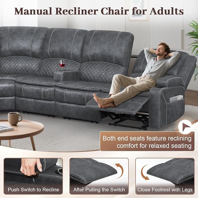 Yolsali Manual Reclining Sectional Sofa Set, 7 Seats Soft Dutch Velvet Recliner - Image 5