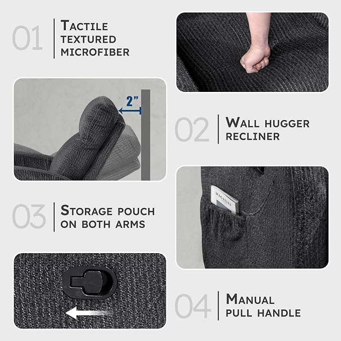 Lexicon Manual Recliner Chair, Textured Microfiber Reclining Chair, Wall Hugger - Image 3