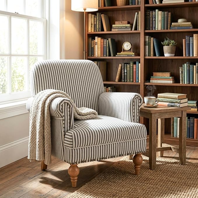 Black Striped Linen Fabric Accent Chairs Set of 2, Modern Farmhouse Upholstered - Image 7