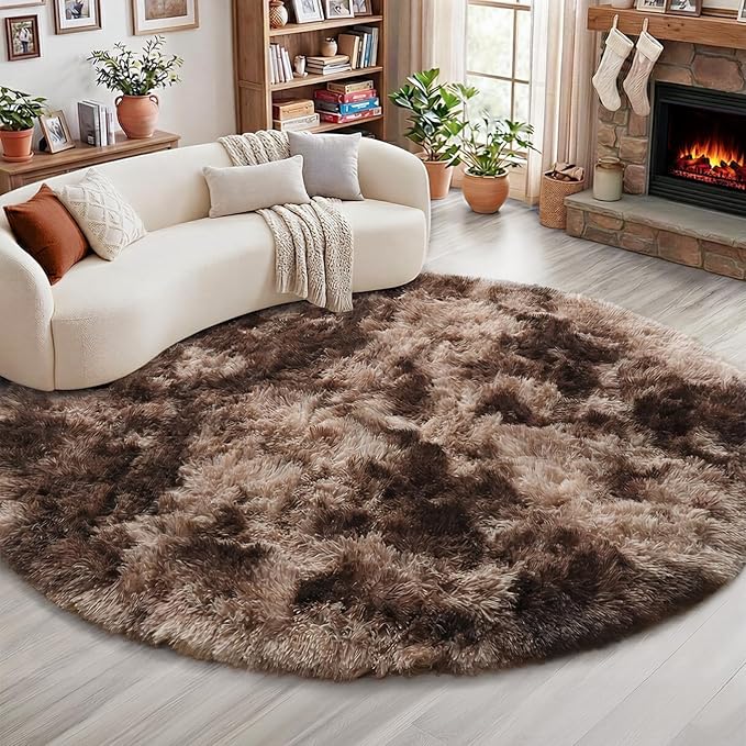 Amdrebio Tie-Dyed Brown Round Circle Rugs 4Ft by Amdrebio