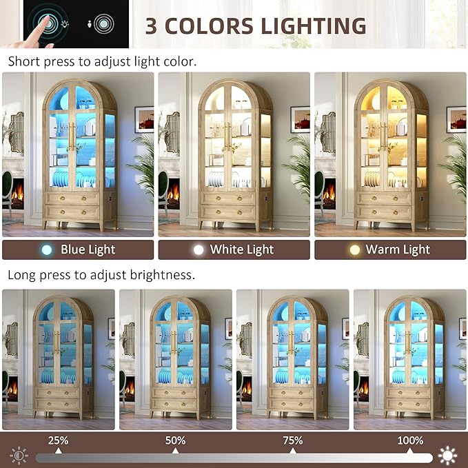 Arched Curio Cabinet with Glass Doors, 4-Tier Display Cabinet with 2 Drawers - Image 3