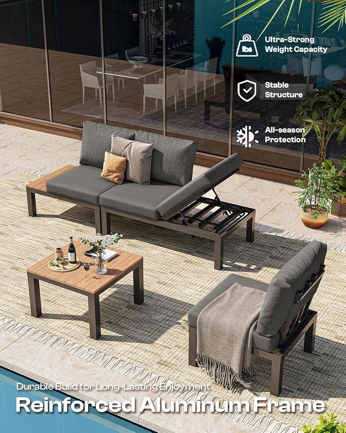 Aluminum Outdoor Patio Sofa Set, 2 Seats Modular Sectional Reclining Loveseat - Image 6