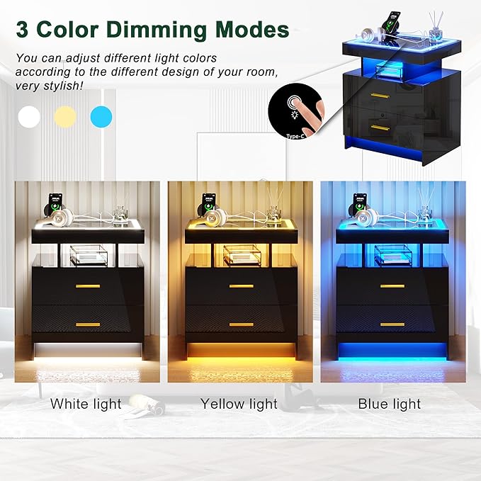 HNEBC LED Nightstand with Charging Station High Gloss Bedside Table with 2 - Image 5