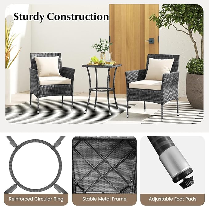 Tangkula 3-Piece Patio Furniture Set, PE Wicker Conversation Bistro Set w/A - Image 9