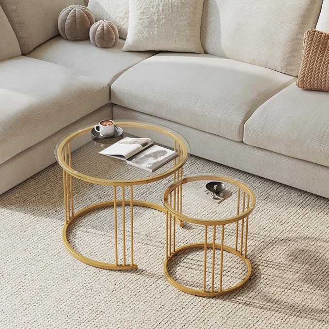 Garden 4 you Nesting Coffee Table, 23.6" Round Coffee Table Set of 2, Glass - Image 4