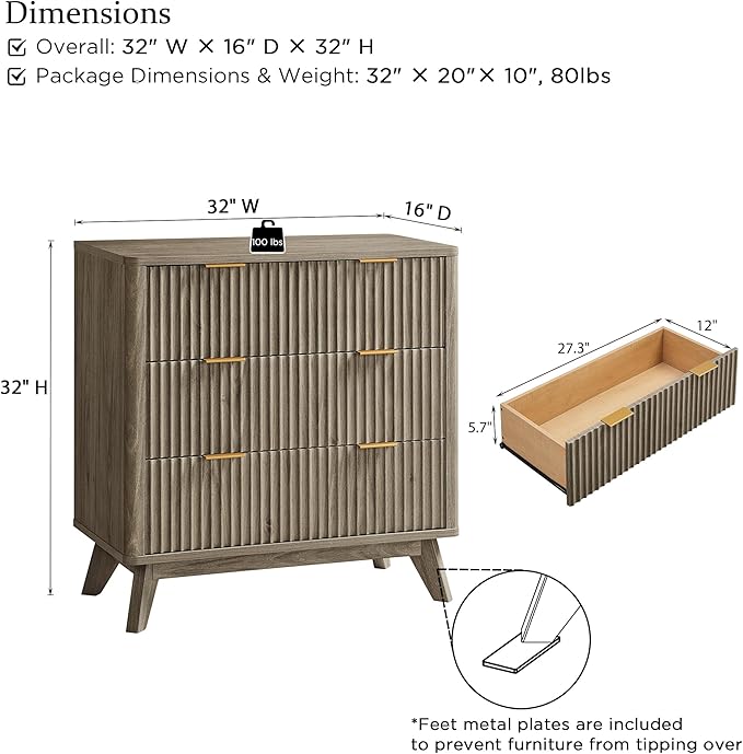 T4TREAM Fluted 3 Drawer Dresser, Curved Profile Design, Wood Drawer Organizer - Image 2