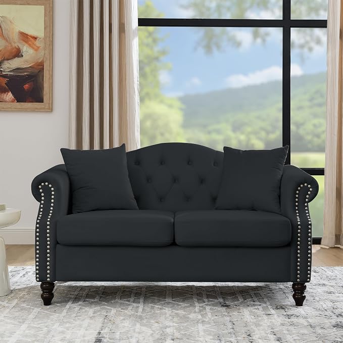 57" Chesterfield Black Velvet 2-Seater Sofa by Unknown