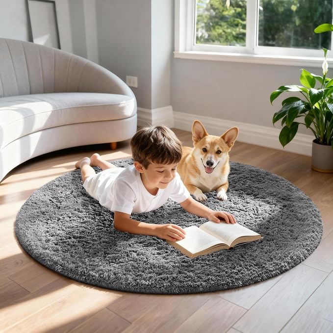 Ophanie Round Rug 4Ft Grey Circle Area Rugs, Fluffy Fuzzy Small Bedroom Carpet - Image 4