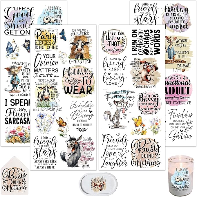 4 Sheets Rub on Transfers for Crafts, Animal Satirical Quotes Furniture by Dorsbaby