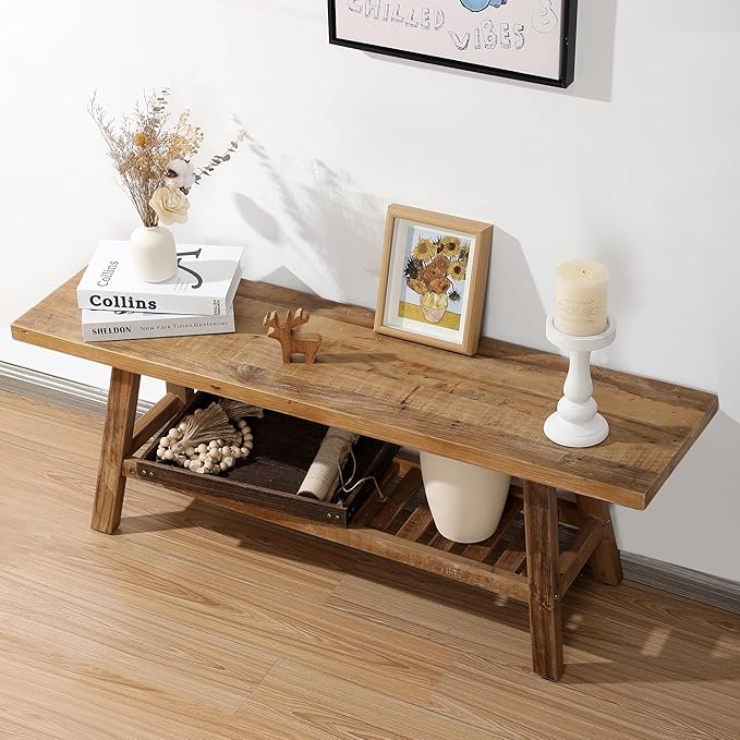 HOKYHOKY Reclaimed Solid Wood Bench-43.3" Farmhouse Entryway Bench - Image 6