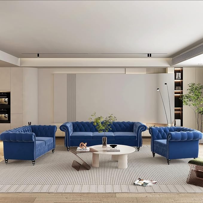 AVZEAR 3 seat Sofa, Velvet Living Room Large Sofa Modern Chesterfield Fabric - Image 3