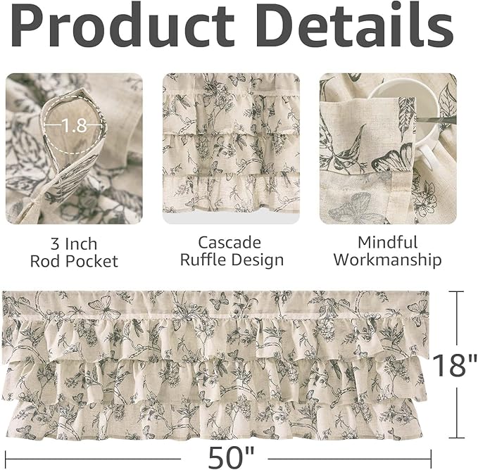 jinchan Ruffled Valance Curtain Linen Floral Kitchen Valance 18 Inch Shabby - Image 5