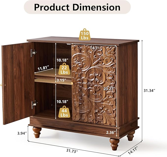 weselon Accent Cabinet with 2 Doors, Farmhouse Carved Buffet Sideboard with - Image 2
