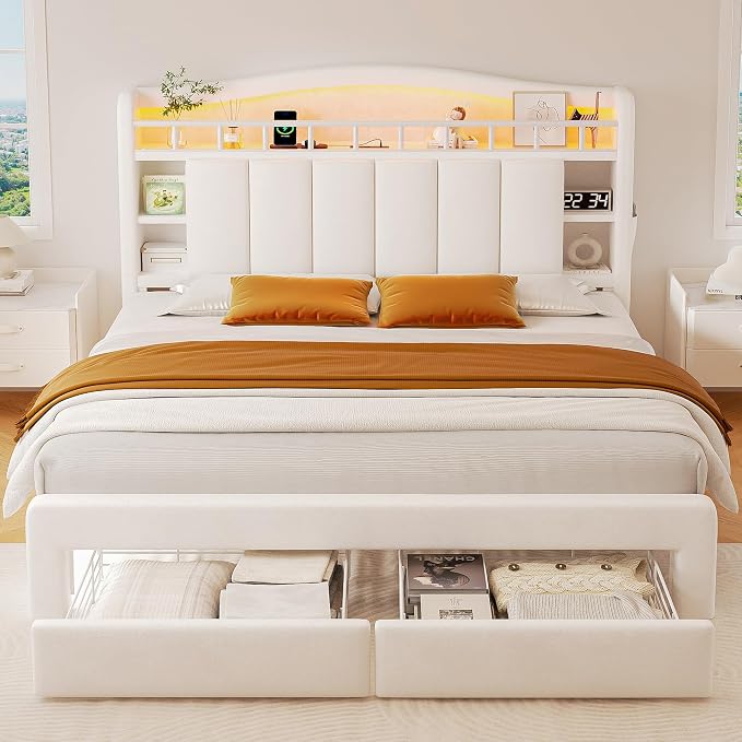 Full Size Bed Frame with LED Storage Headboard & 2 Storage Drawers, Velvet - Image 3