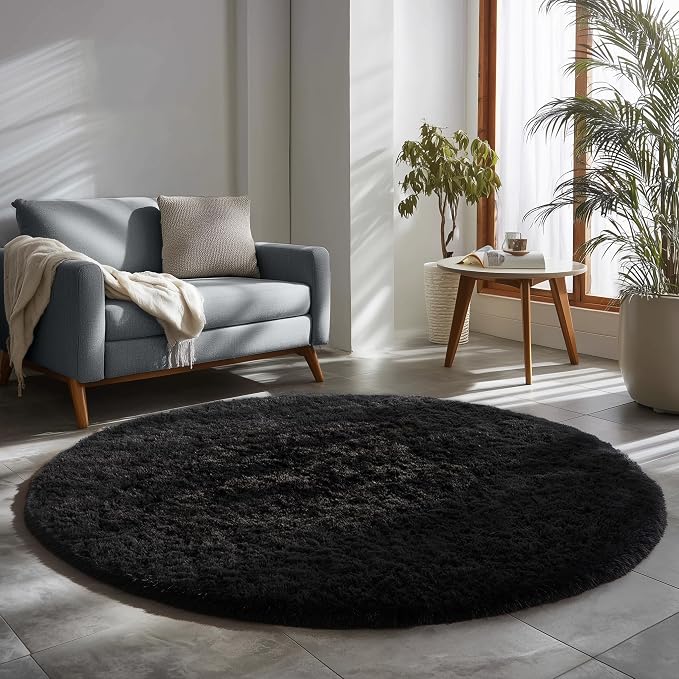 Black Round Rug 4Ft for Bedroom, Fluffy Circle Area Rugs for Living Room Decor - Image 5