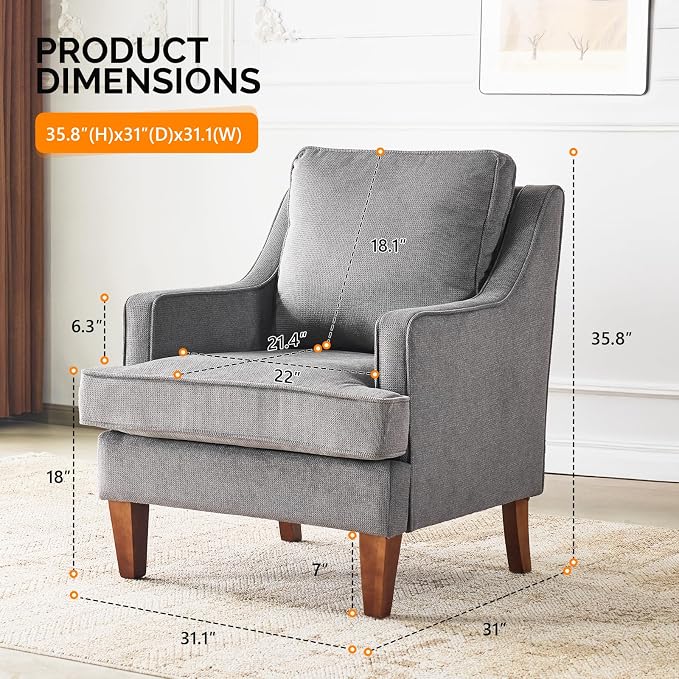 VINGLI Mid-Century Modern Accent Chair, Light Grey Upholstered Armchair Comfy - Image 2