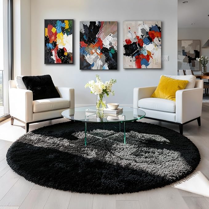 Black Round Rug 7Ft for Bedroom Aesthetic, Fluffy Plush Circle Area Rugs for by Amdrebio