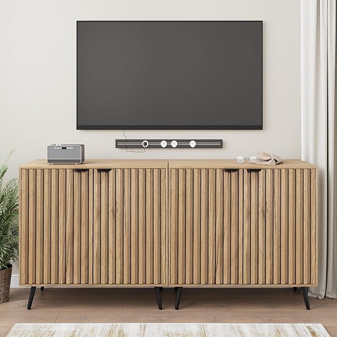 Smuxee Fluted Sideboard Cabinet, Freestanding Natural Buffet Cabinet - Image 3