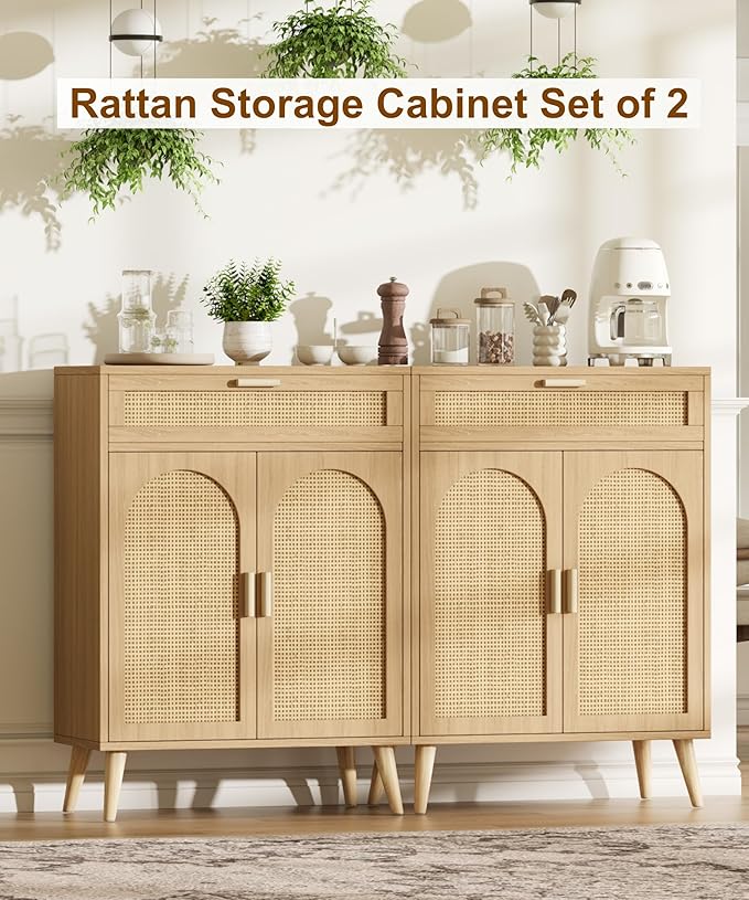 Rattan Buffet Sideboard Set of 2, Boho Buffet Cabinet - Image 3
