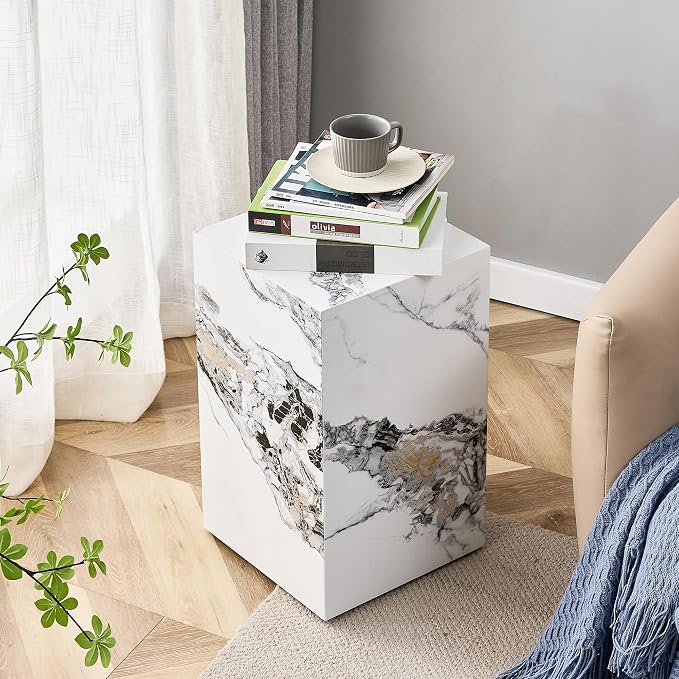 White Marble Rectangular End Coffee Table, Modern Elegant Bedside Nightstand - Image 7