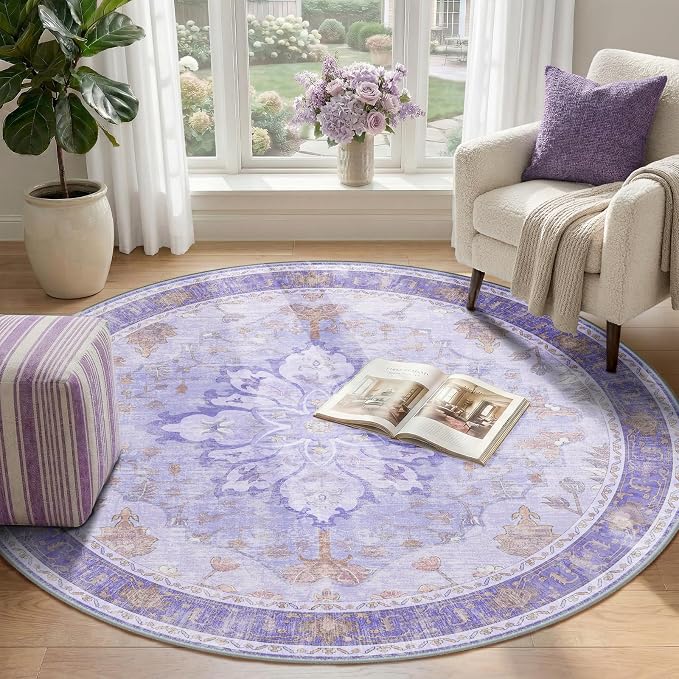 RELEANY Area Rugs Round 4ft Washable Non-Slip, Floral Vintage Distress Print - Image 2