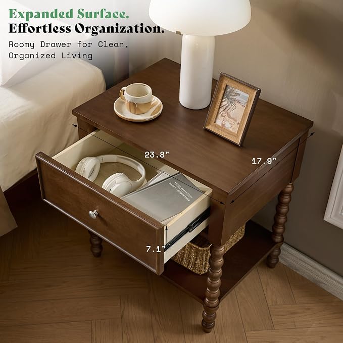 AMERLIFE 24" Walnut Nightstand, Vintage Bedside Table - Image 6