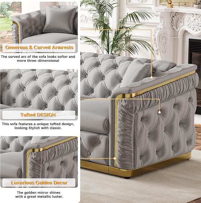 62.2" Luxury Velvet Chesterfield Sofa Tufted Victorian Black and Gold Couch - Image 4