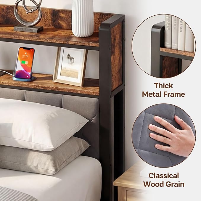 King Size Bed Frame with Charging Station, King Bed Frame with Upholstered - Image 4