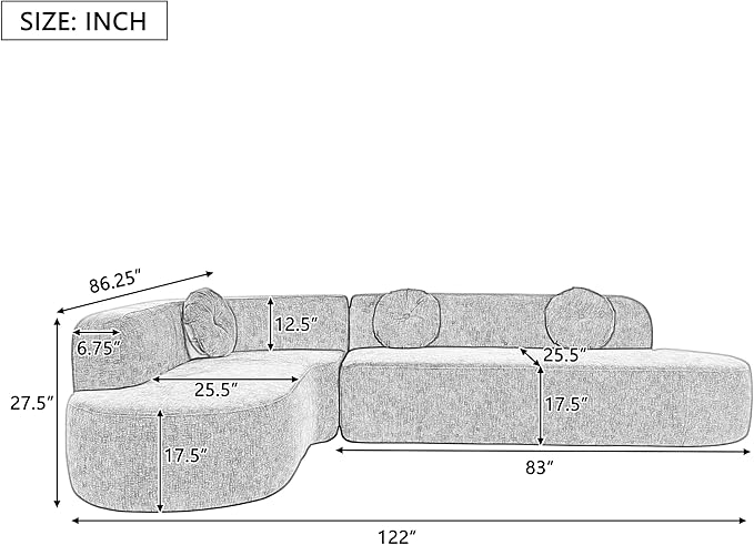 122'' Sectional Curved Sofa Sponge Couch - Image 2