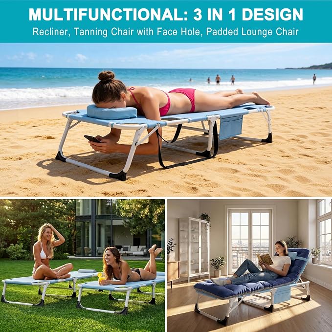 ABORON Oversized Folding Sun Tanning Chair, 3 in 1 Heavy Duty Chaise Lounge - Image 3
