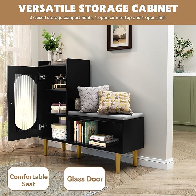 HLR Storage Bench with Glass Door&Shelf, Modern Entryway Shoe Cabinet Bench - Image 3