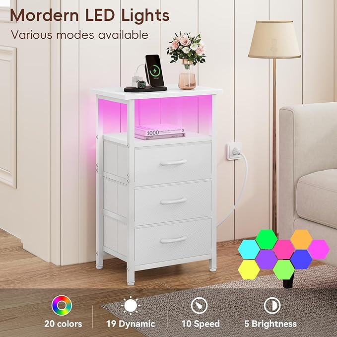 Vagusicc Night Stand with Charging Station, LED Nightstand - Image 4