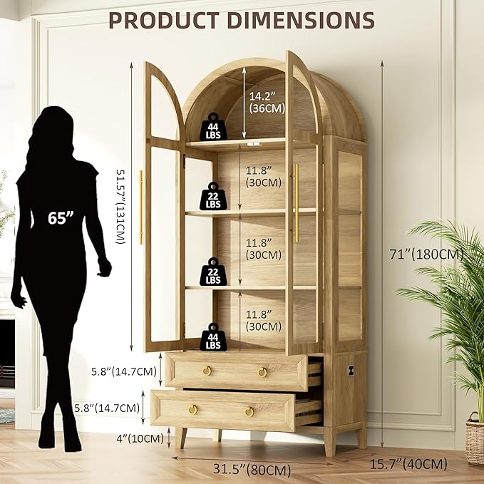 Arched Curio Cabinet with Glass Doors, 4-Tier Display Cabinet with 2 Drawers - Image 2