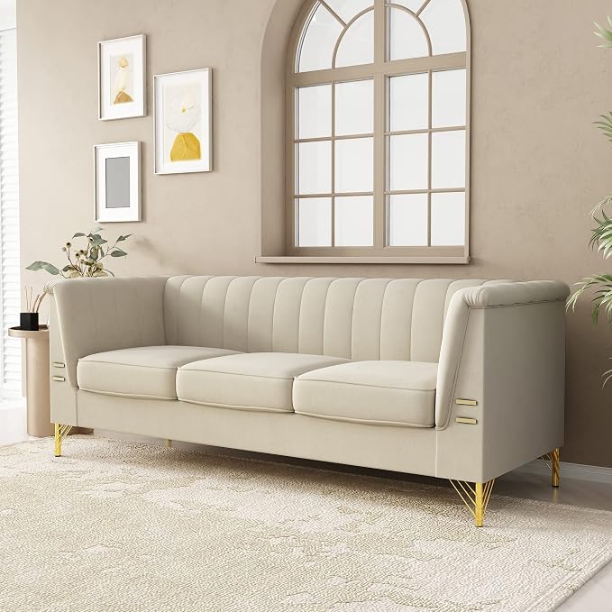 83.46" W Beige Velvet Sofa Couch by yunqishiHOME
