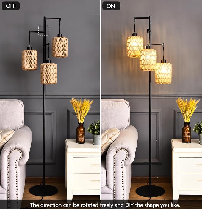QIYIZM Floor Lamp for Living Room, 3-Lights Boho Rattan Tree Floor Lights - Image 2