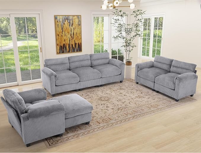 HAOMARKETS Corduroy Sofa Set, Upholstered Ottoman, Loveseat Set of 2, and - Image 6
