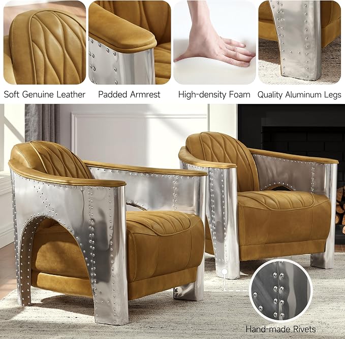 Art Leon Genuine Leather Chair, Mid Century Industrial Accent Arm Chair - Image 4