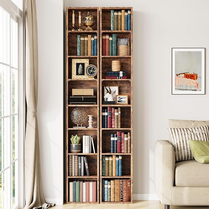 IRONCK Tall Narrow Bookshelf 8 Tiers 71in Set of 2, Compact Corner Bookcase - Image 2