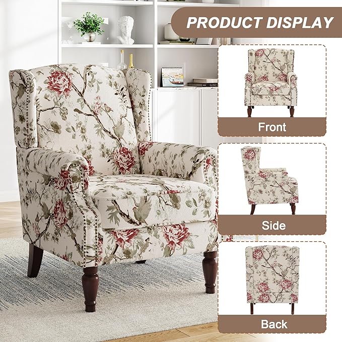 Pia Ricco Set of 2 Floral Accent Chairs, High Back Upholstered Armchairs - Image 3