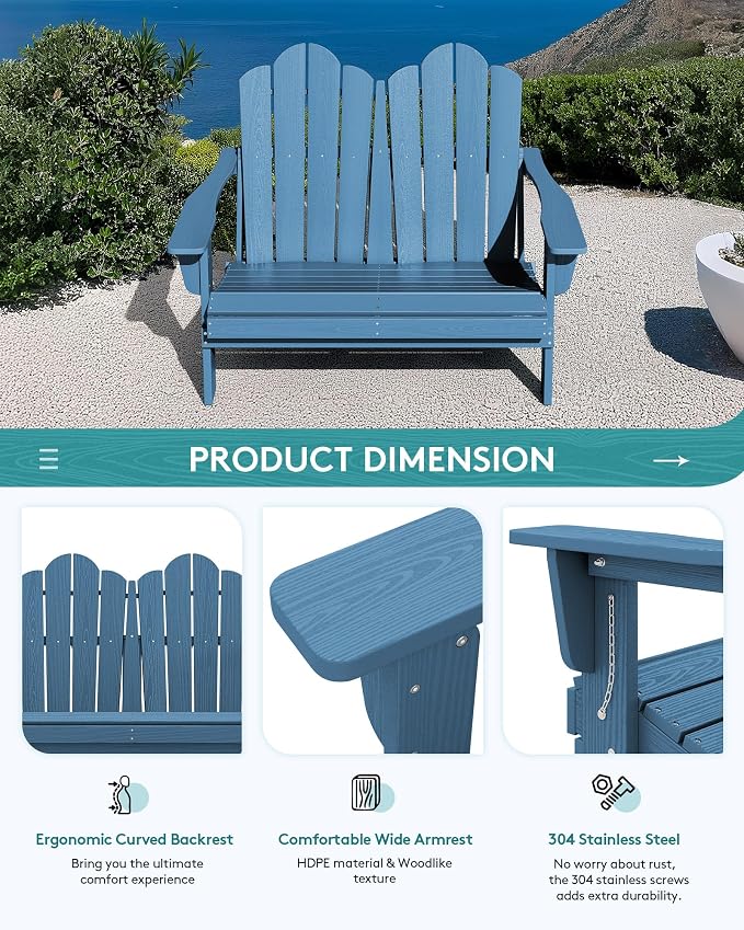 SERWALL Folding Adirondack Bench, HDPE All-Weather Adirondack Loveseat Set of 2 - Image 7