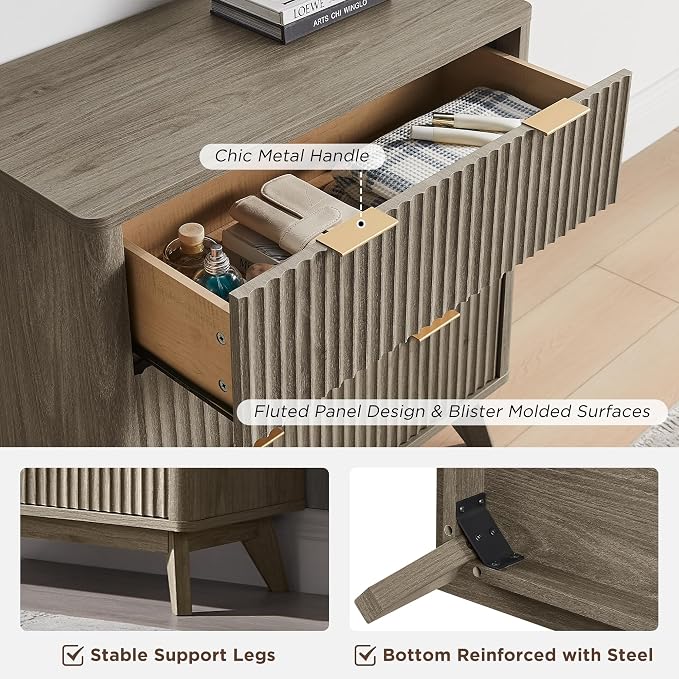 T4TREAM Fluted 3 Drawer Dresser, Curved Profile Design, Wood Drawer Organizer - Image 6