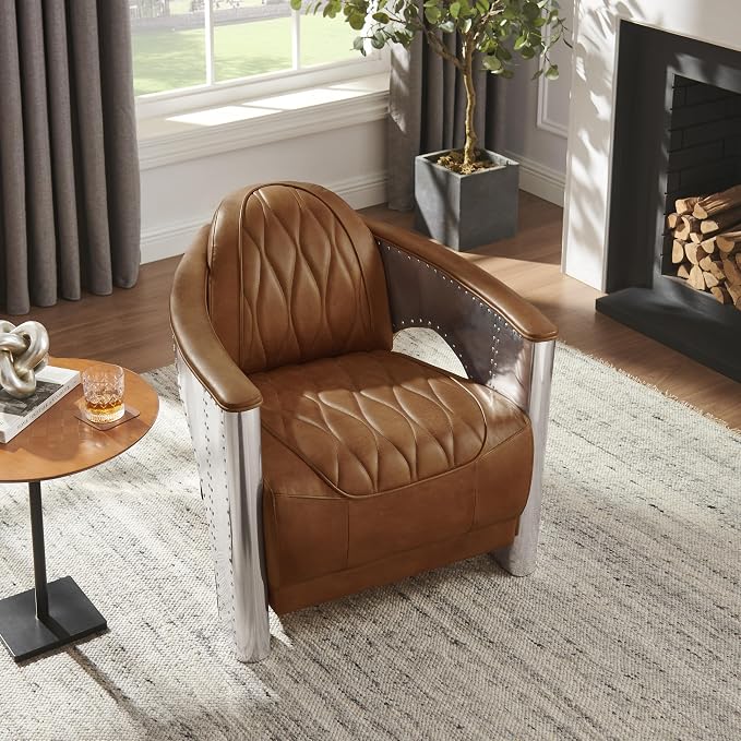 Art Leon Genuine Leather Accent Chair, Mid Century Industrial Armchair - Image 9