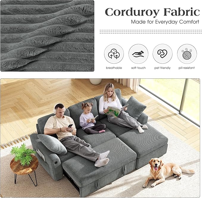 Ihanherry 81-inch Corduroy Modular Sectional Sofa Bed - Image 4