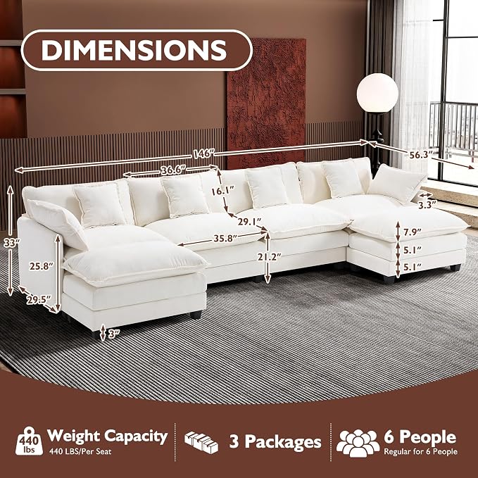 Ihanherry 146" U-Shaped Modern Sofa Modular Sectional Cloud Couch - Image 5