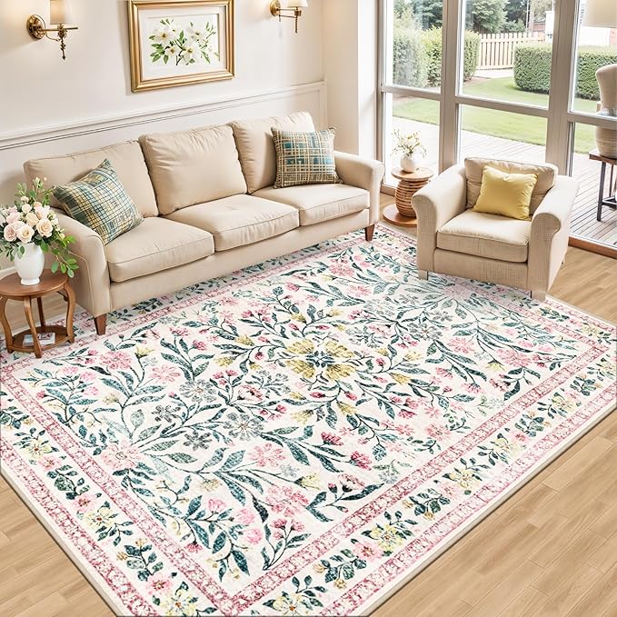 Area Rugs 9x12 Living Room: Floral Washable Rug Vintage Large Soft Boho - Image 2