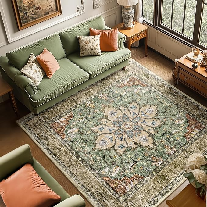 RELEANY Area Rugs Square 8ft Washable Non-Slip, Floral Vintage Distress Print - Image 2